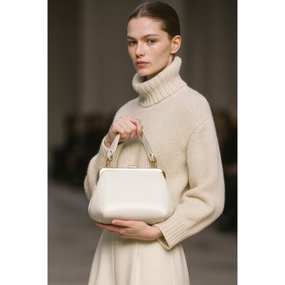 Clare V. Frame Top Handle Bag White Leather Gold Kiss-Lock Clasp Chic - Picture 1 of 16